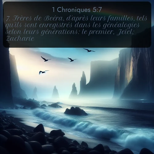 Segond 1 Chroniques  ; image nature: image avec le verset biblique :Frères de Beéra, d&#039;après leurs familles, tels qu&#039;ils sont enregistrés dans les généalogies selon leurs générations: le premier, Jeïel; Zacharie; ;  ; 5:7