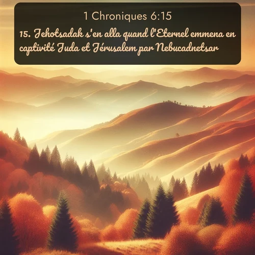 Segond 1 Chroniques  ; image nature: image avec le verset biblique :Jehotsadak s&#039;en alla quand l&#039;Eternel emmena en captivité Juda et Jérusalem par Nebucadnetsar. ;  ; 6:15