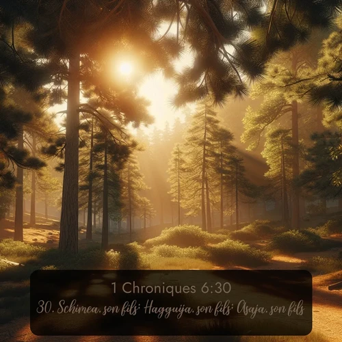 Segond 1 Chroniques  ; image nature: image avec le verset biblique :Schimea, son fils; Hagguija, son fils; Asaja, son fils. ;  ; 6:30