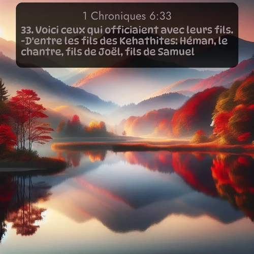 Segond 1 Chroniques  ; image nature: image avec le verset biblique :Voici ceux qui officiaient avec leurs fils. -D&#039;entre les fils des Kehathites: Héman, le chantre, fils de Joël, fils de Samuel, ;  ; 6:33