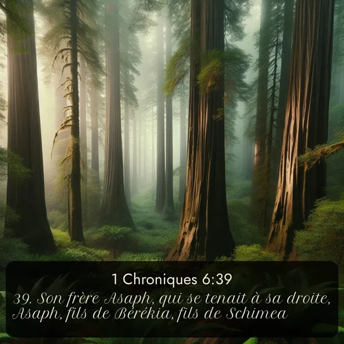 Segond 1 Chroniques  ; image nature: image avec le verset biblique :Son frère Asaph, qui se tenait à sa droite, Asaph, fils de Bérékia, fils de Schimea, ;  ; 6:39