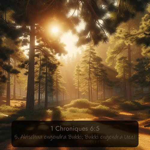 Segond 1 Chroniques  ; image nature: image avec le verset biblique :Abischua engendra Bukki; Bukki engendra Uzzi; ;  ; 6:5