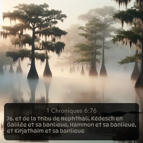 Segond 1 Chroniques  ; image nature: image avec le verset biblique :et de la tribu de Nephthali, Kédesch en Galilée et sa banlieue, Hammon et sa banlieue, et Kirjathaïm et sa banlieue. ;  ; 6:76