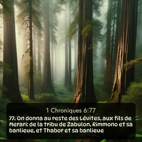 Segond 1 Chroniques  ; image nature: image avec le verset biblique :On donna au reste des Lévites, aux fils de Merari: de la tribu de Zabulon, Rimmono et sa banlieue, et Thabor et sa banlieue; ;  ; 6:77