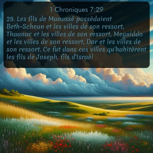 Segond 1 Chroniques  ; image nature: image avec le verset biblique :Les fils de Manassé possédaient Beth-Schean et les villes de son ressort, Thaanac et les villes de son ressort, Meguiddo et les villes de son ressort, Dor et les villes de son ressort. Ce fut dans ces villes qu&#039;habitèrent les fils de Joseph, fils d&#039;Israël. ;  ; 7:29