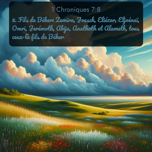 Segond 1 Chroniques  ; image nature: image avec le verset biblique :Fils de Béker: Zemira, Joasch, Eliézer, Eljoénaï, Omri, Jerémoth, Abija, Anathoth et Alameth, tous ceux-là fils de Béker, ;  ; 7:8