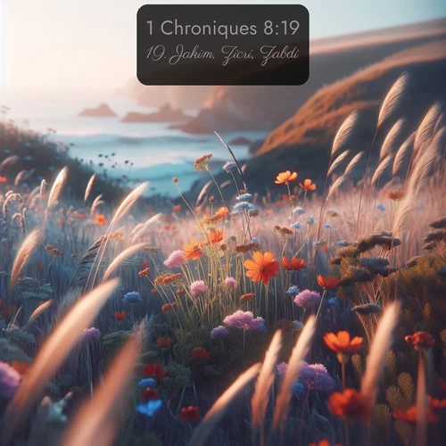 Segond 1 Chroniques  ; image nature: image avec le verset biblique :Jakim, Zicri, Zabdi, ;  ; 8:19