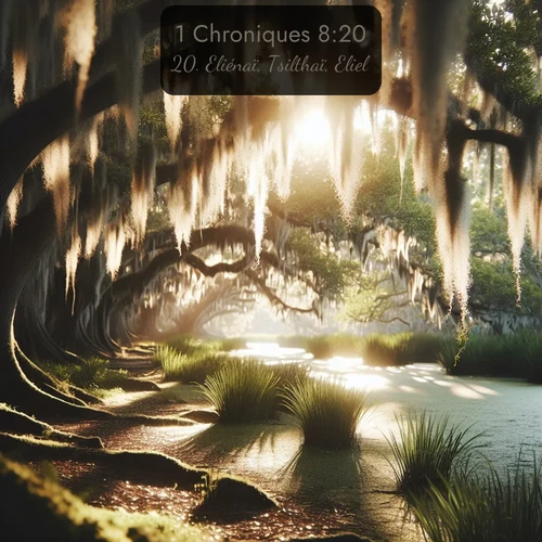 Segond 1 Chroniques  ; image nature: image avec le verset biblique :Eliénaï, Tsilthaï, Eliel, ;  ; 8:20