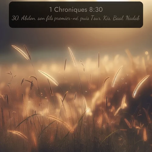 Segond 1 Chroniques  ; image nature: image avec le verset biblique :Abdon, son fils premier-né, puis Tsur, Kis, Baal, Nadab, ;  ; 8:30