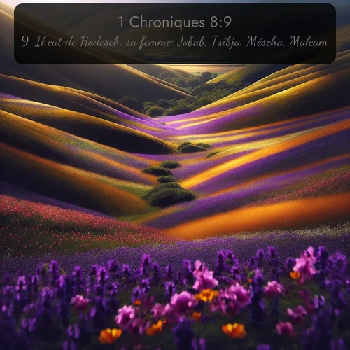 Segond 1 Chroniques  ; image nature: image avec le verset biblique :Il eut de Hodesch, sa femme: Jobab, Tsibja, Méscha, Malcam, ;  ; 8:9