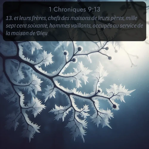 Segond 1 Chroniques  ; image nature: image avec le verset biblique :et leurs frères, chefs des maisons de leurs pères, mille sept cent soixante, hommes vaillants, occupés au service de la maison de Dieu. ;  ; 9:13