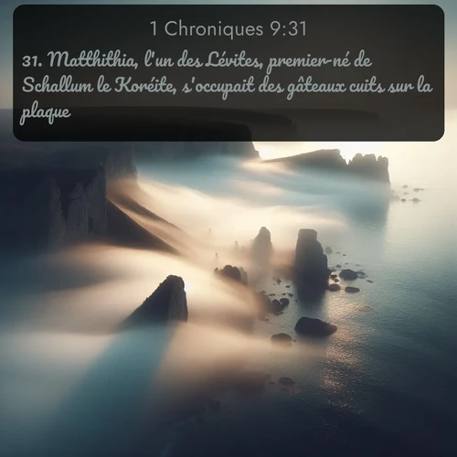 Segond 1 Chroniques  ; image nature: image avec le verset biblique :Matthithia, l&#039;un des Lévites, premier-né de Schallum le Koréite, s&#039;occupait des gâteaux cuits sur la plaque. ;  ; 9:31