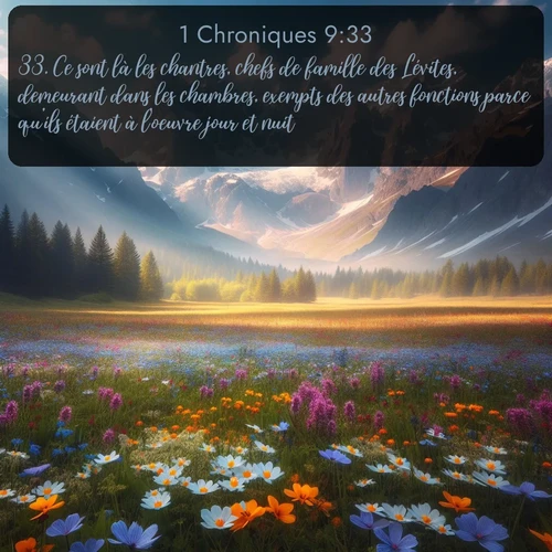 Segond 1 Chroniques  ; image nature: image avec le verset biblique :Ce sont là les chantres, chefs de famille des Lévites, demeurant dans les chambres, exempts des autres fonctions parce qu&#039;ils étaient à l&#039;oeuvre jour et nuit. ;  ; 9:33