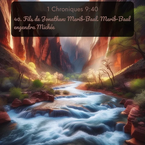 Segond 1 Chroniques  ; image nature: image avec le verset biblique :Fils de Jonathan: Merib-Baal. Merib-Baal engendra Michée. ;  ; 9:40