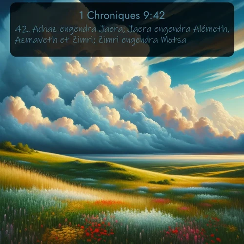 Segond 1 Chroniques  ; image nature: image avec le verset biblique :Achaz engendra Jaera; Jaera engendra Alémeth, Azmaveth et Zimri; Zimri engendra Motsa; ;  ; 9:42