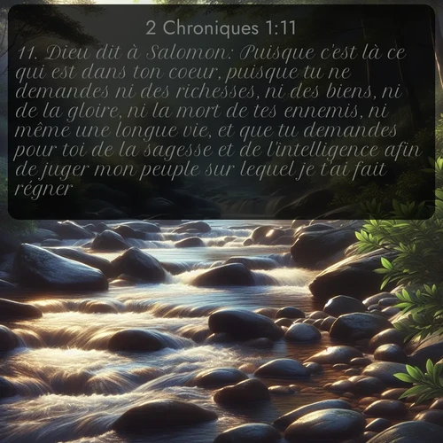 Segond 2 Chroniques  ; image nature: image avec le verset biblique :Dieu dit à Salomon: Puisque c&#039;est là ce qui est dans ton coeur, puisque tu ne demandes ni des richesses, ni des biens, ni de la gloire, ni la mort de tes ennemis, ni même une longue vie, et que tu demandes pour toi de la sagesse et de l&#039;intelligence afin de juger mon peuple sur lequel je t&#039;ai fait régner, ;  ; 1:11
