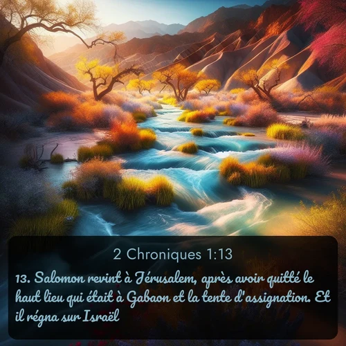 Segond 2 Chroniques  ; image nature: image avec le verset biblique :Salomon revint à Jérusalem, après avoir quitté le haut lieu qui était à Gabaon et la tente d&#039;assignation. Et il régna sur Israël. ;  ; 1:13