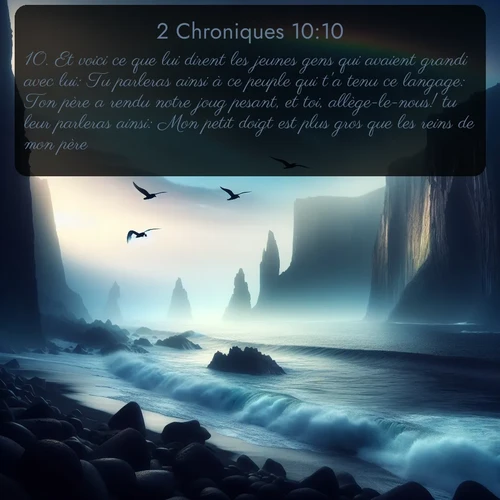 Segond 2 Chroniques  ; image nature: image avec le verset biblique :Et voici ce que lui dirent les jeunes gens qui avaient grandi avec lui: Tu parleras ainsi à ce peuple qui t&#039;a tenu ce langage: Ton père a rendu notre joug pesant, et toi, allège-le-nous! tu leur parleras ainsi: Mon petit doigt est plus gros que les reins de mon père. ;  ; 10:10
