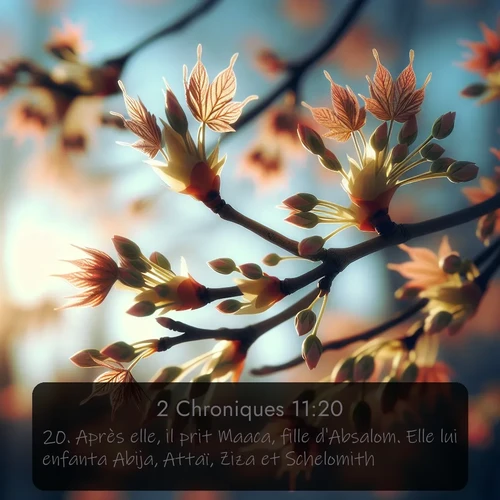 Segond 2 Chroniques  ; image nature: image avec le verset biblique :Après elle, il prit Maaca, fille d&#039;Absalom. Elle lui enfanta Abija, Attaï, Ziza et Schelomith. ;  ; 11:20