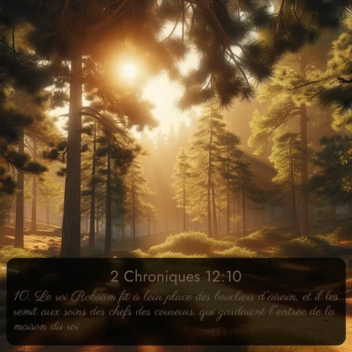 Segond 2 Chroniques  ; image nature: image avec le verset biblique :Le roi Roboam fit à leur place des boucliers d&#039;airain, et il les remit aux soins des chefs des coureurs, qui gardaient l&#039;entrée de la maison du roi. ;  ; 12:10