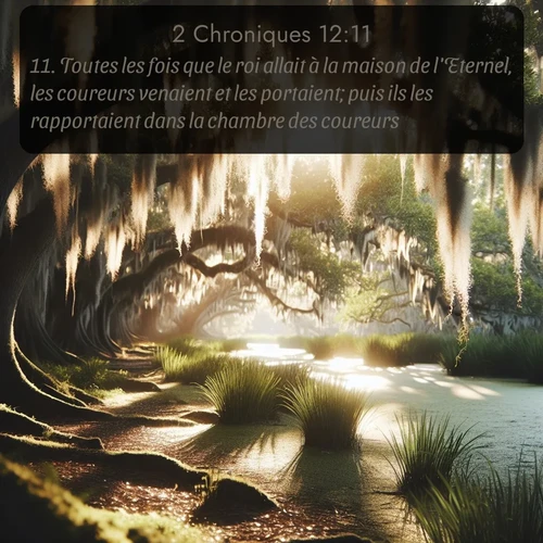 Segond 2 Chroniques  ; image nature: image avec le verset biblique :Toutes les fois que le roi allait à la maison de l&#039;Eternel, les coureurs venaient et les portaient; puis ils les rapportaient dans la chambre des coureurs. ;  ; 12:11