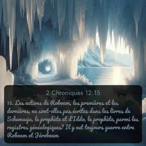 Segond 2 Chroniques  ; image nature: image avec le verset biblique :Les actions de Roboam, les premières et les dernières, ne sont-elles pas écrites dans les livres de Schemaeja, le prophète et d&#039;Iddo, le prophète, parmi les registres généalogiques? Il y eut toujours guerre entre Roboam et Jéroboam. ;  ; 12:15