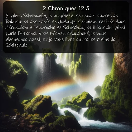 Segond 2 Chroniques  ; image nature: image avec le verset biblique :Alors Schemaeja, le prophète, se rendit auprès de Roboam et des chefs de Juda qui s&#039;étaient retirés dans Jérusalem à l&#039;approche de Schischak, et il leur dit: Ainsi parle l&#039;Eternel: Vous m&#039;avez abandonné; je vous abandonne aussi, et je vous livre entre les mains de Schischak. ;  ; 12:5