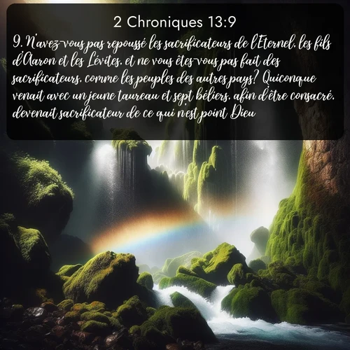 Segond 2 Chroniques  ; image nature: image avec le verset biblique :N&#039;avez-vous pas repoussé les sacrificateurs de l&#039;Eternel, les fils d&#039;Aaron et les Lévites, et ne vous êtes-vous pas fait des sacrificateurs, comme les peuples des autres pays? Quiconque venait avec un jeune taureau et sept béliers, afin d&#039;être consacré, devenait sacrificateur de ce qui n&#039;est point Dieu. ;  ; 13:9