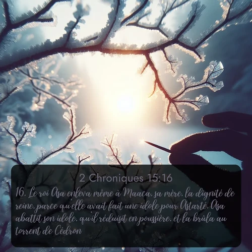 Segond 2 Chroniques  ; image nature: image avec le verset biblique :Le roi Asa enleva même à Maaca, sa mère, la dignité de reine, parce qu&#039;elle avait fait une idole pour Astarté. Asa abattit son idole, qu&#039;il réduisit en poussière, et la brûla au torrent de Cédron. ;  ; 15:16
