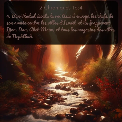Segond 2 Chroniques  ; image nature: image avec le verset biblique :Ben-Hadad écouta le roi Asa; il envoya les chefs de son armée contre les villes d&#039;Israël, et ils frappèrent Ijjon, Dan, Abel-Maïm, et tous les magasins des villes de Nephthali. ;  ; 16:4