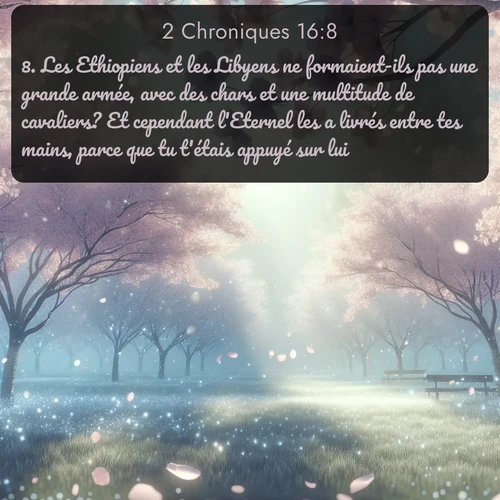 Segond 2 Chroniques  ; image nature: image avec le verset biblique :Les Ethiopiens et les Libyens ne formaient-ils pas une grande armée, avec des chars et une multitude de cavaliers? Et cependant l&#039;Eternel les a livrés entre tes mains, parce que tu t&#039;étais appuyé sur lui. ;  ; 16:8