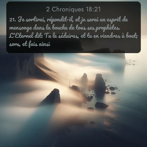 Segond 2 Chroniques  ; image nature: image avec le verset biblique :Je sortirai, répondit-il, et je serai un esprit de mensonge dans la bouche de tous ses prophètes. L&#039;Eternel dit: Tu le séduiras, et tu en viendras à bout; sors, et fais ainsi. ;  ; 18:21