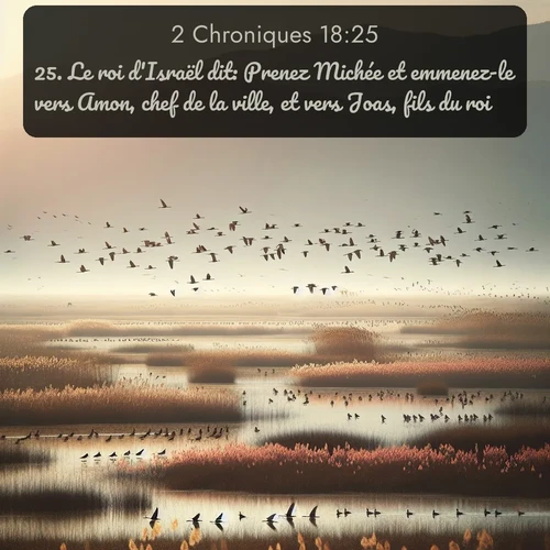 Segond 2 Chroniques  ; image nature: image avec le verset biblique :Le roi d&#039;Israël dit: Prenez Michée et emmenez-le vers Amon, chef de la ville, et vers Joas, fils du roi. ;  ; 18:25