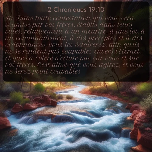 Segond 2 Chroniques  ; image nature: image avec le verset biblique :Dans toute contestation qui vous sera soumise par vos frères, établis dans leurs villes, relativement à un meurtre, à une loi, à un commandement, à des préceptes et à des ordonnances, vous les éclairerez, afin qu&#039;ils ne se rendent pas coupables envers l&#039;Eternel, et que sa colère n&#039;éclate pas sur vous et sur vos frères. C&#039;est ainsi que vous agirez, et vous ne serez point coupables. ;  ; 19:10