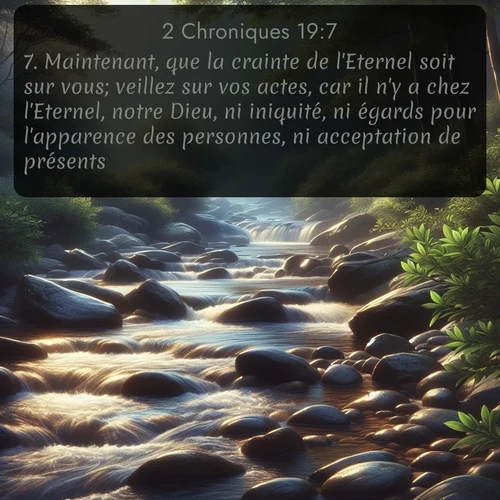Segond 2 Chroniques  ; image nature: image avec le verset biblique :Maintenant, que la crainte de l&#039;Eternel soit sur vous; veillez sur vos actes, car il n&#039;y a chez l&#039;Eternel, notre Dieu, ni iniquité, ni égards pour l&#039;apparence des personnes, ni acceptation de présents. ;  ; 19:7