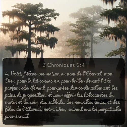 Segond 2 Chroniques  ; image nature: image avec le verset biblique :Voici, j&#039;élève une maison au nom de l&#039;Eternel, mon Dieu, pour la lui consacrer, pour brûler devant lui le parfum odoriférant, pour présenter continuellement les pains de proposition, et pour offrir les holocaustes du matin et du soir, des sabbats, des nouvelles lunes, et des fêtes de l&#039;Eternel, notre Dieu, suivant une loi perpétuelle pour Israël. ;  ; 2:4