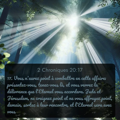 Segond 2 Chroniques  ; image nature: image avec le verset biblique :Vous n&#039;aurez point à combattre en cette affaire: présentez-vous, tenez-vous là, et vous verrez la délivrance que l&#039;Eternel vous accordera. Juda et Jérusalem, ne craignez point et ne vous effrayez point, demain, sortez à leur rencontre, et l&#039;Eternel sera avec vous! ;  ; 20:17
