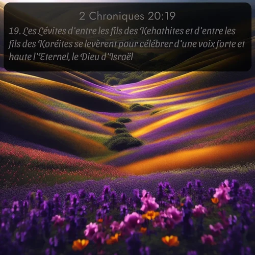 Segond 2 Chroniques  ; image nature: image avec le verset biblique :Les Lévites d&#039;entre les fils des Kehathites et d&#039;entre les fils des Koréites se levèrent pour célébrer d&#039;une voix forte et haute l&#039;Eternel, le Dieu d&#039;Israël. ;  ; 20:19