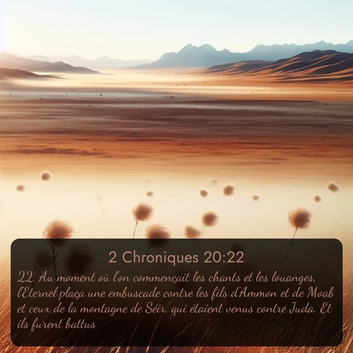 Segond 2 Chroniques  ; image nature: image avec le verset biblique :Au moment où l&#039;on commençait les chants et les louanges, l&#039;Eternel plaça une embuscade contre les fils d&#039;Ammon et de Moab et ceux de la montagne de Séir, qui étaient venus contre Juda. Et ils furent battus. ;  ; 20:22