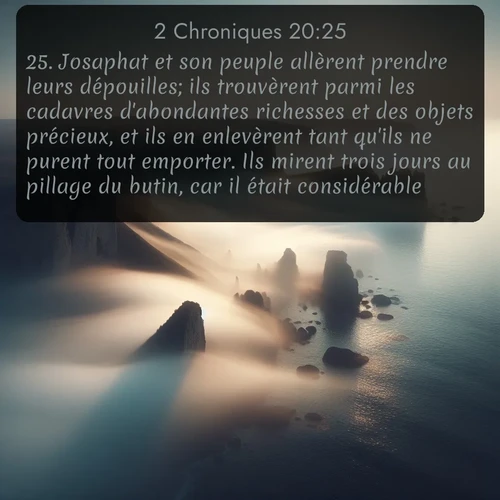 Segond 2 Chroniques  ; image nature: image avec le verset biblique :Josaphat et son peuple allèrent prendre leurs dépouilles; ils trouvèrent parmi les cadavres d&#039;abondantes richesses et des objets précieux, et ils en enlevèrent tant qu&#039;ils ne purent tout emporter. Ils mirent trois jours au pillage du butin, car il était considérable. ;  ; 20:25