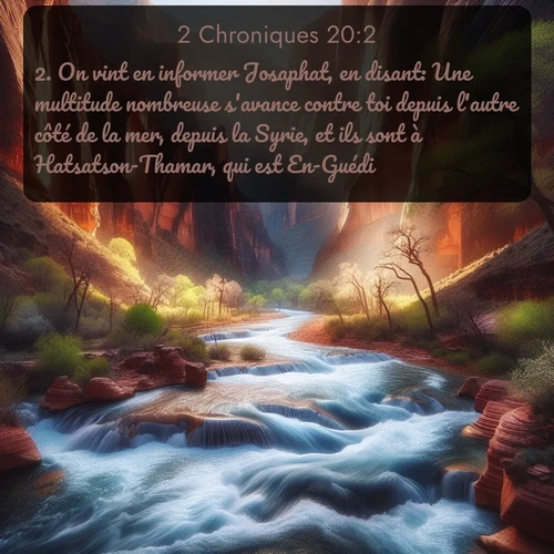 Segond 2 Chroniques  ; image nature: image avec le verset biblique :On vint en informer Josaphat, en disant: Une multitude nombreuse s&#039;avance contre toi depuis l&#039;autre côté de la mer, depuis la Syrie, et ils sont à Hatsatson-Thamar, qui est En-Guédi. ;  ; 20:2