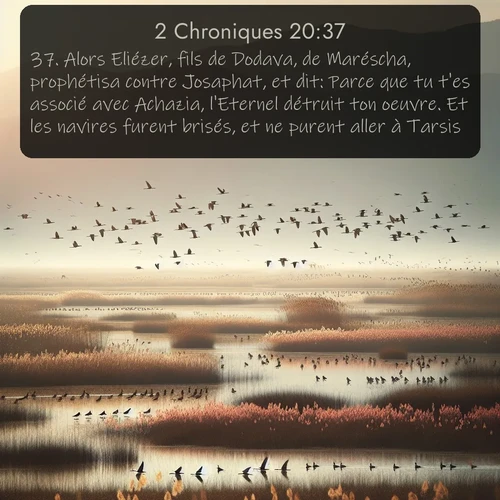 Segond 2 Chroniques  ; image nature: image avec le verset biblique :Alors Eliézer, fils de Dodava, de Maréscha, prophétisa contre Josaphat, et dit: Parce que tu t&#039;es associé avec Achazia, l&#039;Eternel détruit ton oeuvre. Et les navires furent brisés, et ne purent aller à Tarsis. ;  ; 20:37