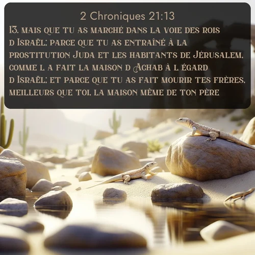 Segond 2 Chroniques  ; image nature: image avec le verset biblique :mais que tu as marché dans la voie des rois d&#039;Israël; parce que tu as entraîné à la prostitution Juda et les habitants de Jérusalem, comme l&#039;a fait la maison d&#039;Achab à l&#039;égard d&#039;Israël; et parce que tu as fait mourir tes frères, meilleurs que toi, la maison même de ton père; - ;  ; 21:13