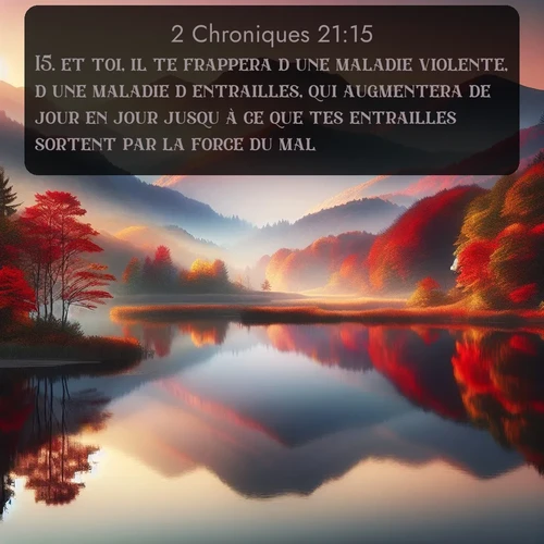 Segond 2 Chroniques  ; image nature: image avec le verset biblique :et toi, il te frappera d&#039;une maladie violente, d&#039;une maladie d&#039;entrailles, qui augmentera de jour en jour jusqu&#039;à ce que tes entrailles sortent par la force du mal. ;  ; 21:15