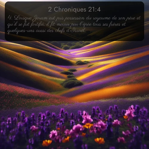 Segond 2 Chroniques  ; image nature: image avec le verset biblique :Lorsque Joram eut pris possession du royaume de son père et qu&#039;il se fut fortifié, il fit mourir par l&#039;épée tous ses frères et quelques-uns aussi des chefs d&#039;Israël. ;  ; 21:4