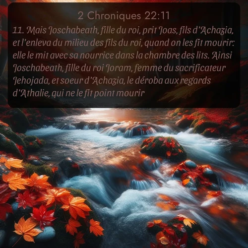 Segond 2 Chroniques  ; image nature: image avec le verset biblique :Mais Joschabeath, fille du roi, prit Joas, fils d&#039;Achazia, et l&#039;enleva du milieu des fils du roi, quand on les fit mourir: elle le mit avec sa nourrice dans la chambre des lits. Ainsi Joschabeath, fille du roi Joram, femme du sacrificateur Jehojada, et soeur d&#039;Achazia, le déroba aux regards d&#039;Athalie, qui ne le fit point mourir. ;  ; 22:11