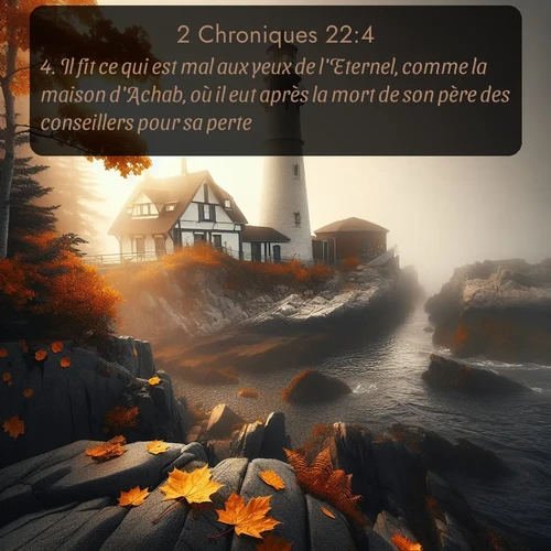 Segond 2 Chroniques  ; image nature: image avec le verset biblique :Il fit ce qui est mal aux yeux de l&#039;Eternel, comme la maison d&#039;Achab, où il eut après la mort de son père des conseillers pour sa perte. ;  ; 22:4