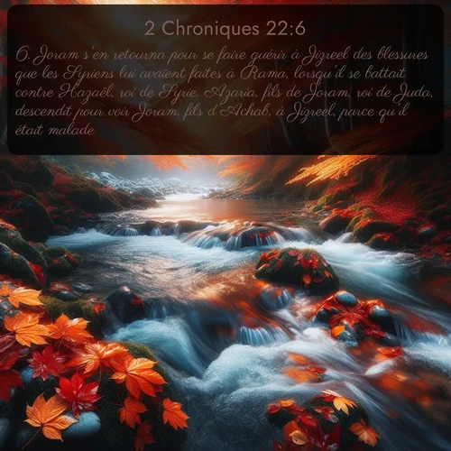 Segond 2 Chroniques  ; image nature: image avec le verset biblique :Joram s&#039;en retourna pour se faire guérir à Jizreel des blessures que les Syriens lui avaient faites à Rama, lorsqu&#039;il se battait contre Hazaël, roi de Syrie. Azaria, fils de Joram, roi de Juda, descendit pour voir Joram, fils d&#039;Achab, à Jizreel, parce qu&#039;il était malade. ;  ; 22:6