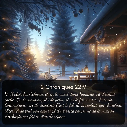 Segond 2 Chroniques  ; image nature: image avec le verset biblique :Il chercha Achazia, et on le saisit dans Samarie, où il s&#039;était caché. On l&#039;amena auprès de Jéhu, et on le fit mourir. Puis ils l&#039;enterrèrent, car ils disaient: C&#039;est le fils de Josaphat, qui cherchait l&#039;Eternel de tout son coeur. Et il ne resta personne de la maison d&#039;Achazia qui fût en état de régner. ;  ; 22:9