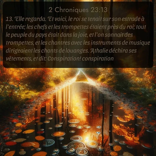 Segond 2 Chroniques  ; image nature: image avec le verset biblique :Elle regarda. Et voici, le roi se tenait sur son estrade à l&#039;entrée; les chefs et les trompettes étaient près du roi; tout le peuple du pays était dans la joie, et l&#039;on sonnait des trompettes, et les chantres avec les instruments de musique dirigeaient les chants de louanges. Athalie déchira ses vêtements, et dit: Conspiration! conspiration! ;  ; 23:13